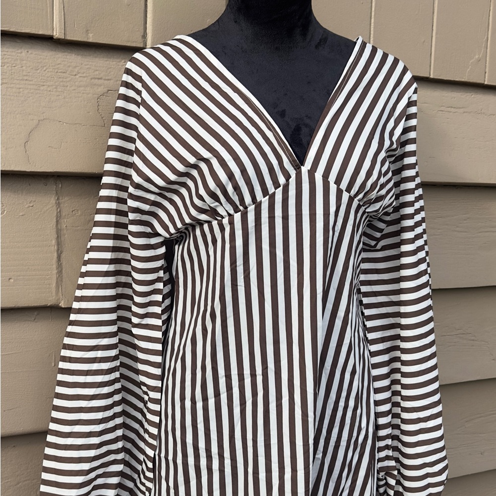Striped V-Neck Long Sleeve Dress in Brown and White